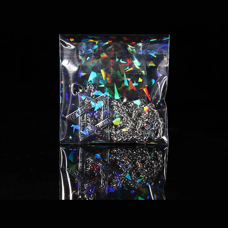 50pcs/lot Transparent Laser Fragment Self-adhesive Bag Plastic Pouch for Jewelry Retail Display Packaging Flash Holographic Bag