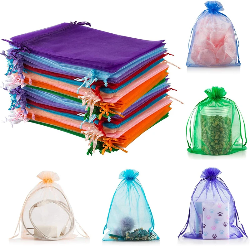Wholesale 50pcs/lot Adjustable Organza Bag 5x7cm 7x9cm 9x12cm 10x15cm Drawstring Jewelry Packaging Candy Wedding Gifts Pouches