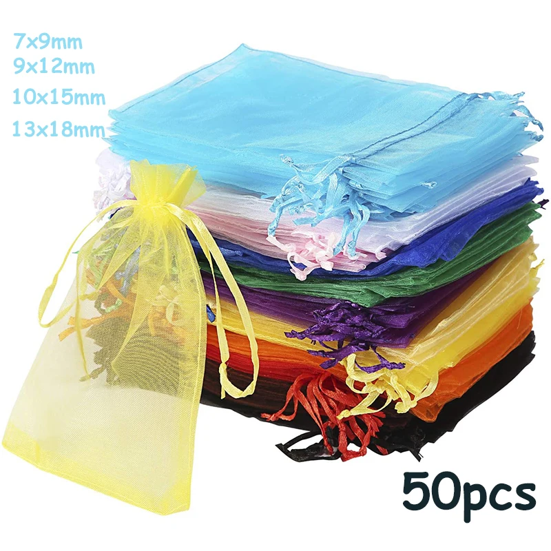 Wholesale 50pcs/lot Adjustable Organza Bag 5x7cm 7x9cm 9x12cm 10x15cm Drawstring Jewelry Packaging Candy Wedding Gifts Pouches