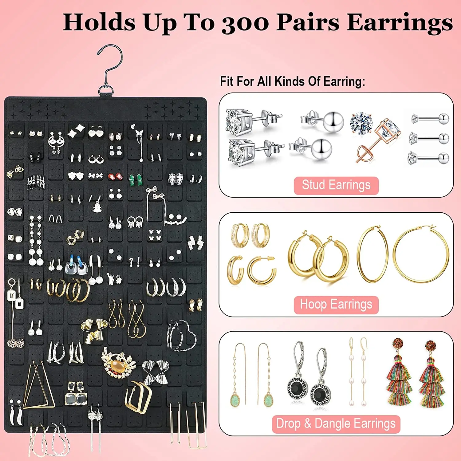 300Pairs Hanging Jewelry Organizer Bag for Earrings Necklace Bracelets Display Storage Double Sided Felt Rotating Hanger Joyero