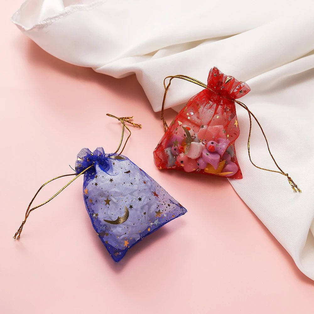 50pcs/Lot 7x9 9x12 10x15 13x18cm Printing Star Moon Christmas Organza Sack Drawstring Charm Packaging Bags Daily Jewelry Making