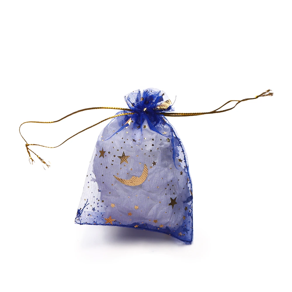 50pcs/Lot 7x9 9x12 10x15 13x18cm Printing Star Moon Christmas Organza Sack Drawstring Charm Packaging Bags Daily Jewelry Making