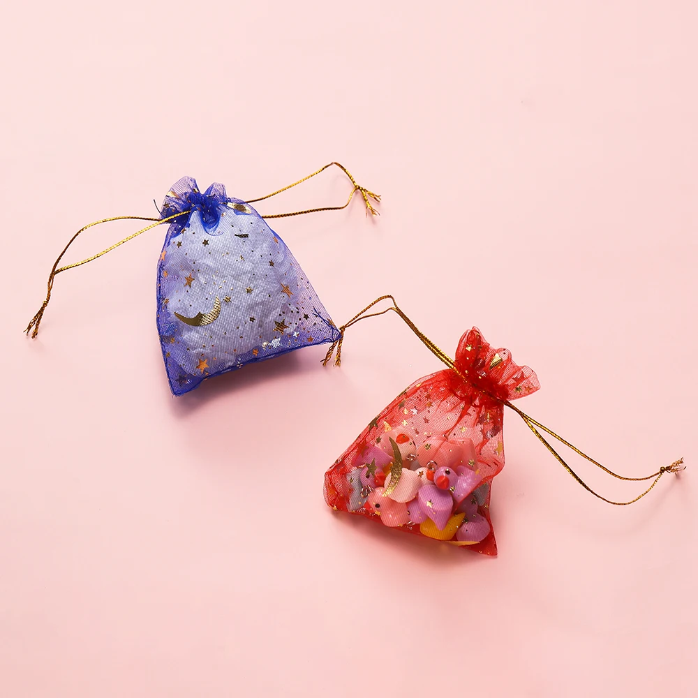 50pcs/Lot 7x9 9x12 10x15 13x18cm Printing Star Moon Christmas Organza Sack Drawstring Charm Packaging Bags Daily Jewelry Making