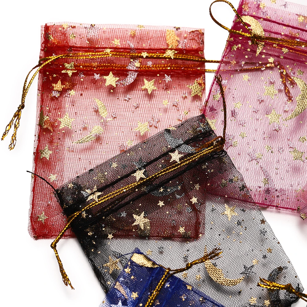 50pcs/Lot 7x9 9x12 10x15 13x18cm Printing Star Moon Christmas Organza Sack Drawstring Charm Packaging Bags Daily Jewelry Making