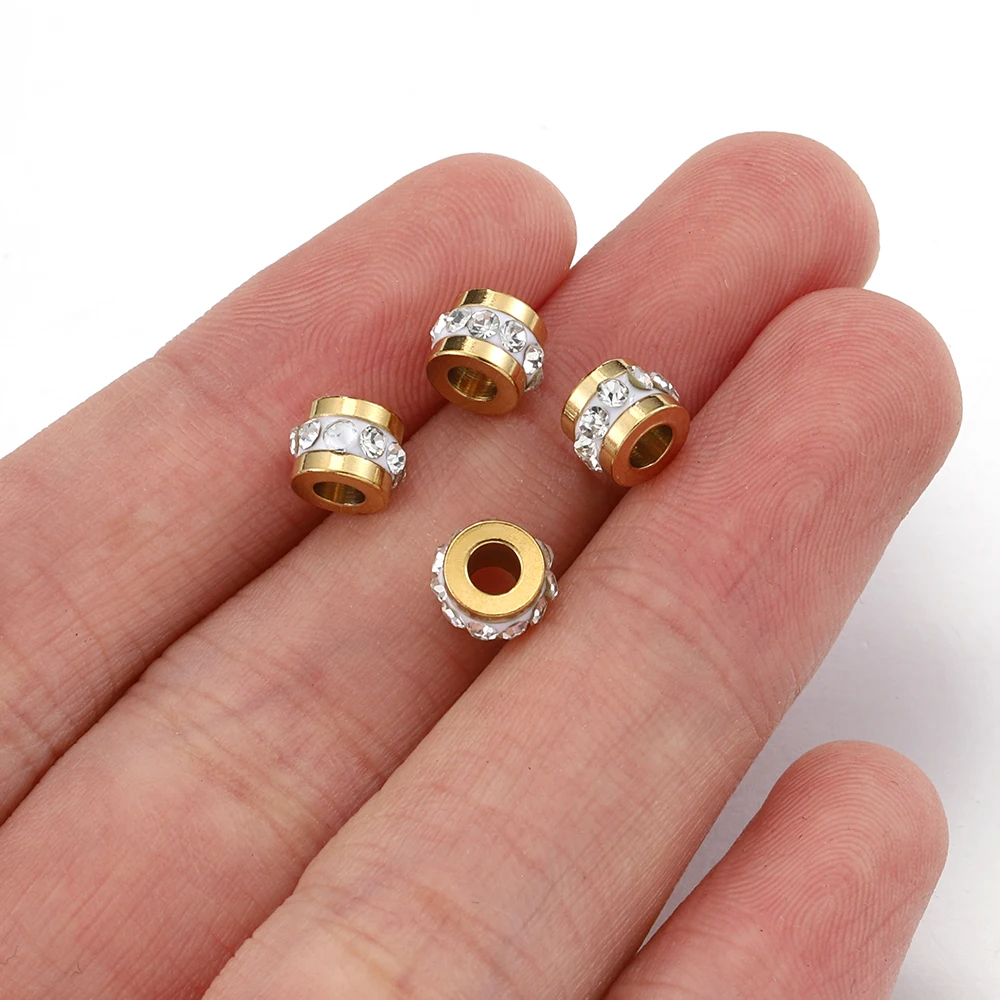 10pcs Gold Color Stainless Steel Rhinestone Beads 5x7mm Spacer Loose Bead Charm for DIY Jewelry Making Bracelet Necklace Finding