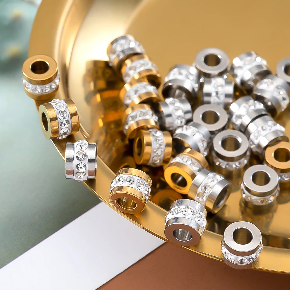 10pcs Gold Color Stainless Steel Rhinestone Beads 5x7mm Spacer Loose Bead Charm for DIY Jewelry Making Bracelet Necklace Finding