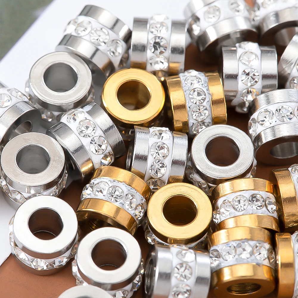 10pcs Gold Color Stainless Steel Rhinestone Beads 5x7mm Spacer Loose Bead Charm for DIY Jewelry Making Bracelet Necklace Finding
