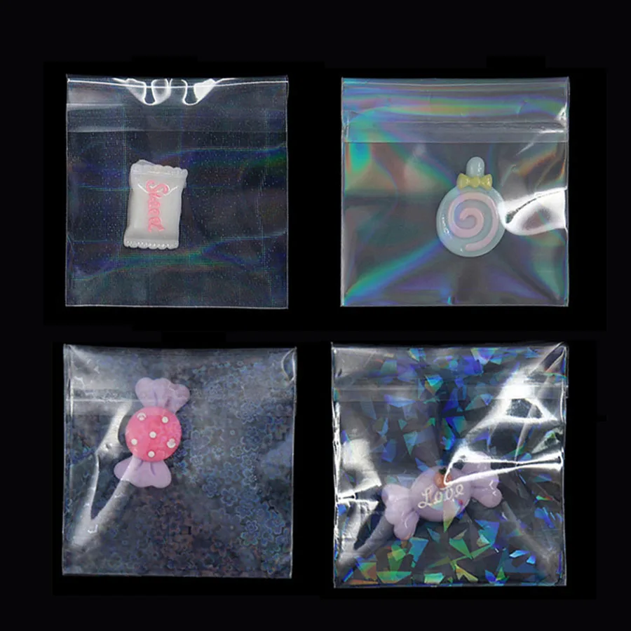 50pcs Holographic Laser Self Adhesive Bag Aurora Color Transparent Packaging for Handmade Jewelry Badge Gift Package Storage Bag