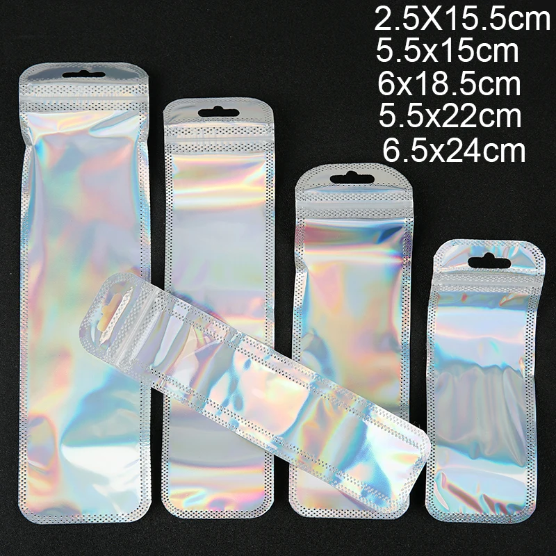 30pcs Long Laser Plastic Self Sealing Storage Bag Necklace Display Colorful Ziplock Pouch Zip Zipper Lock Bags Jewelry Packaging