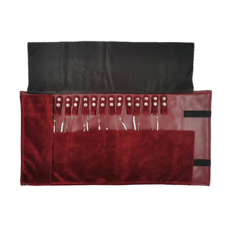Red PU Necklace Jewelry Storage Travel Roll Bag 16Pcs Beads Chain Organizer Display Pouch Bracelet Packaging Gift Roll Bag