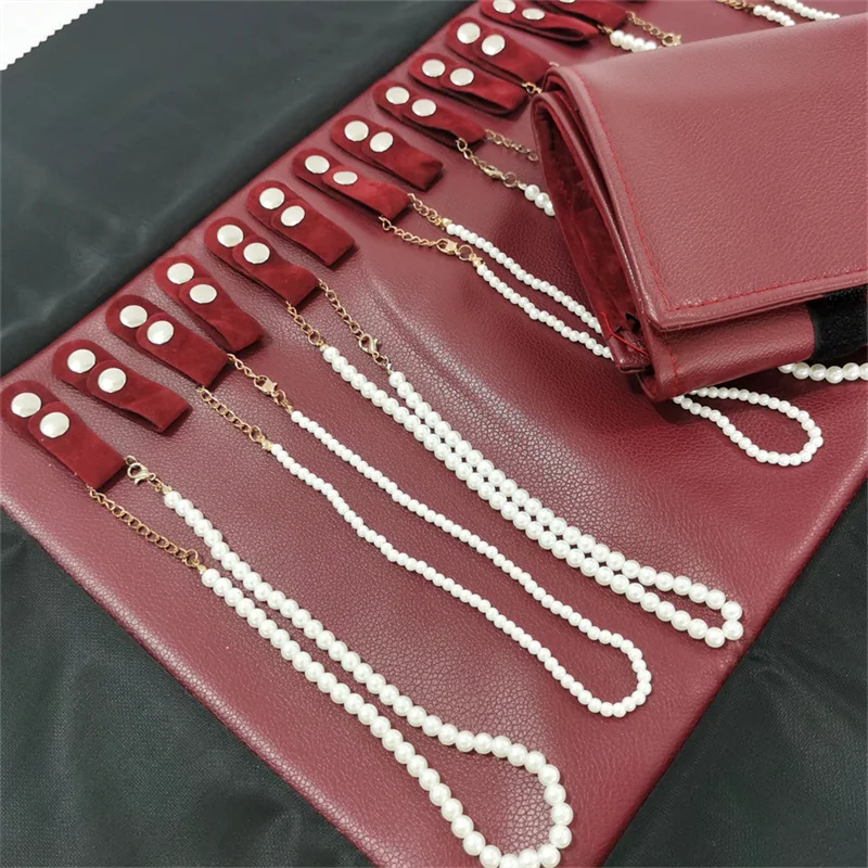 Red PU Necklace Jewelry Storage Travel Roll Bag 16Pcs Beads Chain Organizer Display Pouch Bracelet Packaging Gift Roll Bag