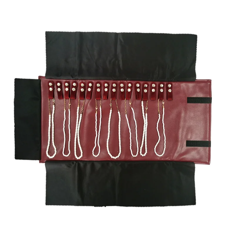 Red PU Necklace Jewelry Storage Travel Roll Bag 16Pcs Beads Chain Organizer Display Pouch Bracelet Packaging Gift Roll Bag
