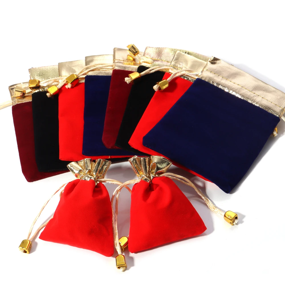 5-10 Pcs/Lot Velvet Drawstring Bags Gold Color Trims Multi-size Pouches for Jewelry Storage Wedding Party Portable Gifts Bag