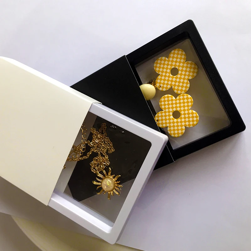 10pcs/lot Coated Paper Jewelry Packaging Black White 9*9 Cm Gift Boxes Outer Package Fit 3D Floating PE Film Display Case Box