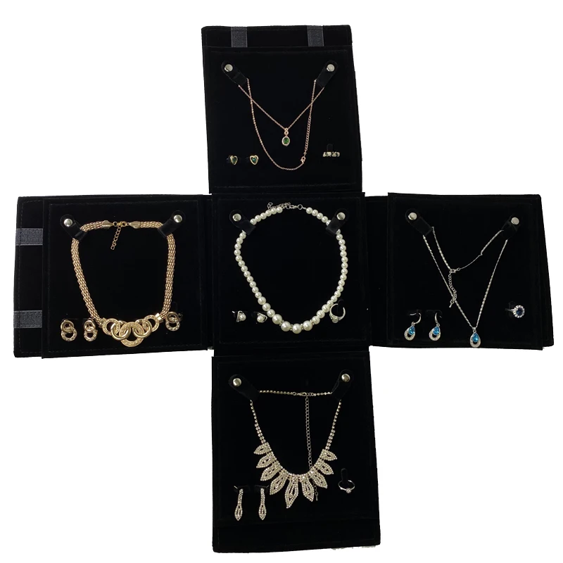 Exhibitor Set Jewelry Storage Bag Pearl Necklace Holder Black Velvet Pouch Square 5 Layers Fine Jewelry Travel Roll Bag for Ring