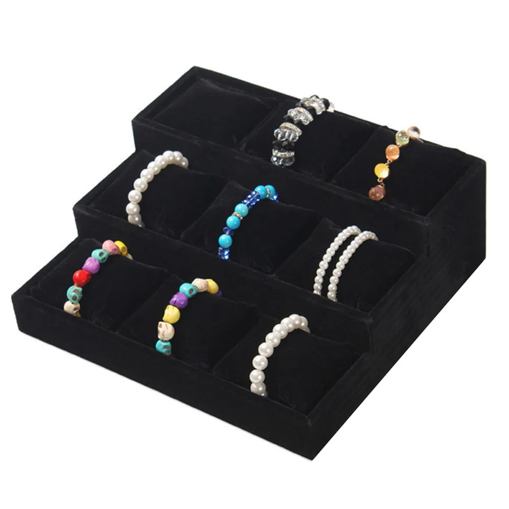 Velvet 3 Tier Bracelet Jewelry Display Tray 9 Grid With Pillow Bangle Necklace Storage Tray Watch Jewelry Organizer Stand Holder