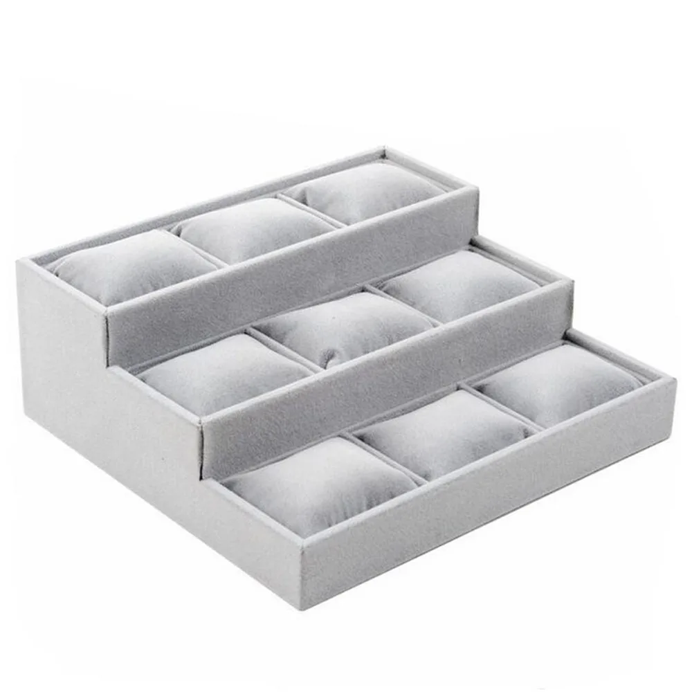 Velvet 3 Tier Bracelet Jewelry Display Tray 9 Grid With Pillow Bangle Necklace Storage Tray Watch Jewelry Organizer Stand Holder