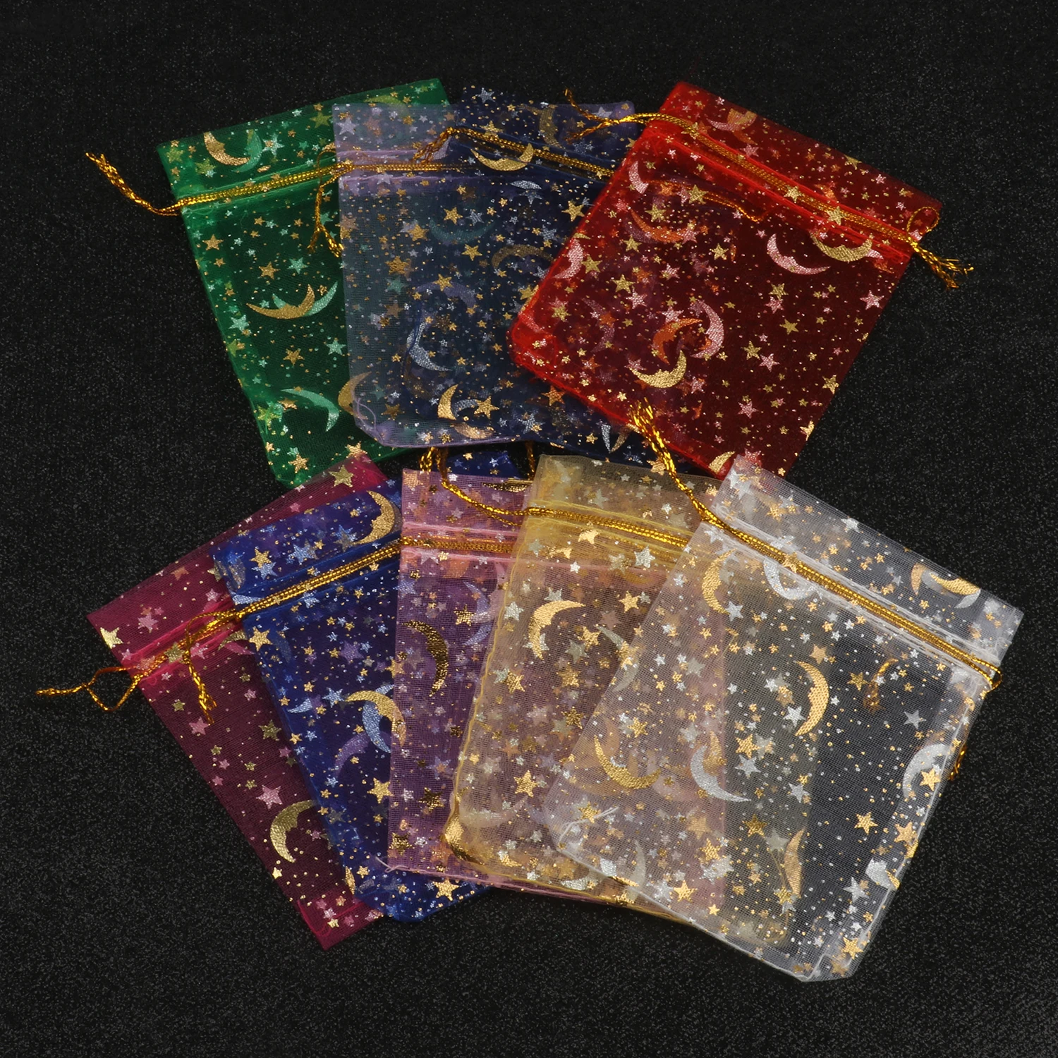 50pcs/lot Moon Star Organza Bags 7x9mm 9x12mm 11x16mm 13x18mm Small Christmas Drawstring Gift Bag Charm Jewelry Package Pouches