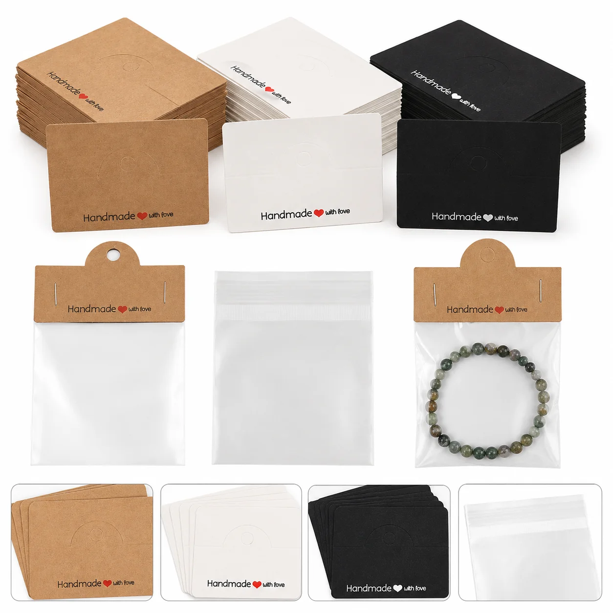 100pcs Handmade Jewelry Display Kit - 50 Elegant Clear Bags and 50 "Handmade with Love" Cards, Perfect for Jewelry Packaging