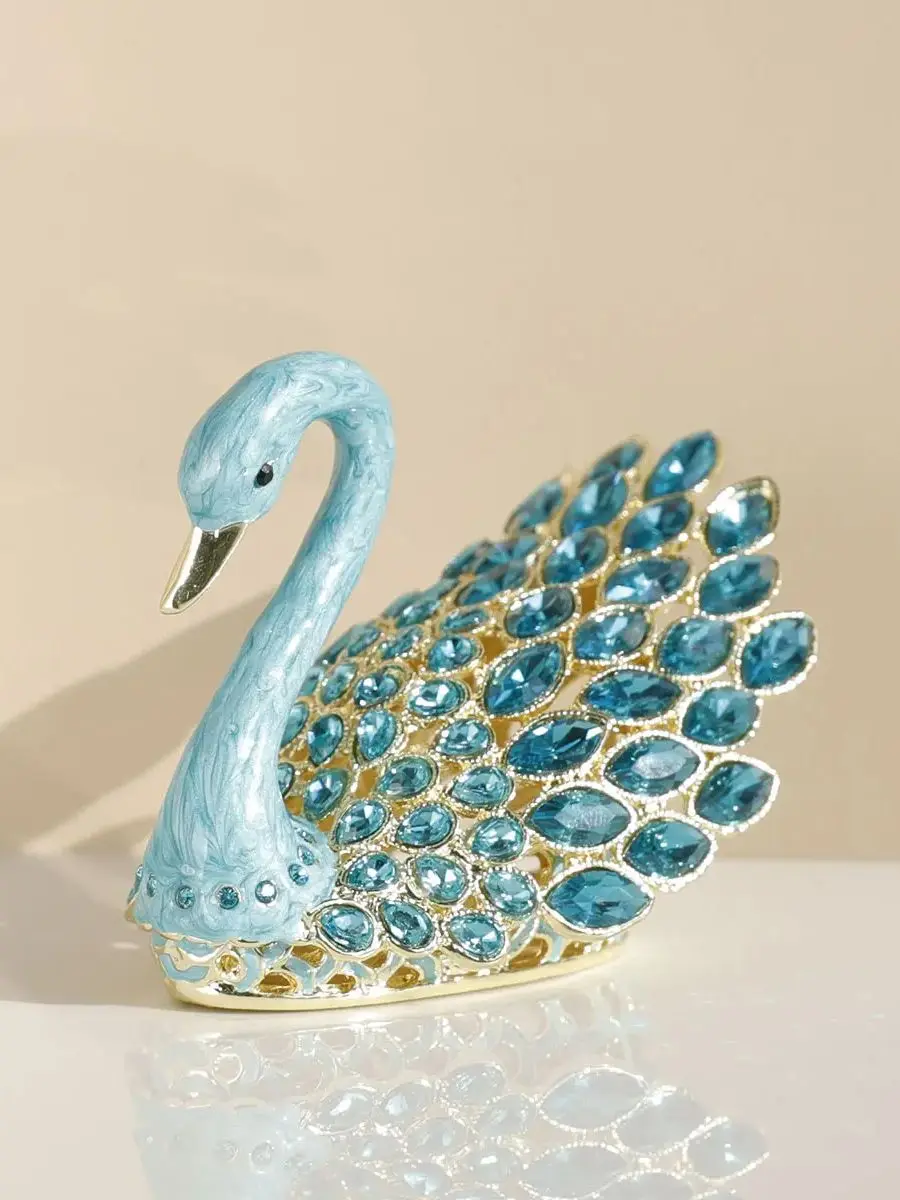 3.7inch Enamel Blue Gems Swan Trinket Box Hinged Hand-Painted Jewelry Storage Ring Holder Keepsake Box Animal Figurine Collectib