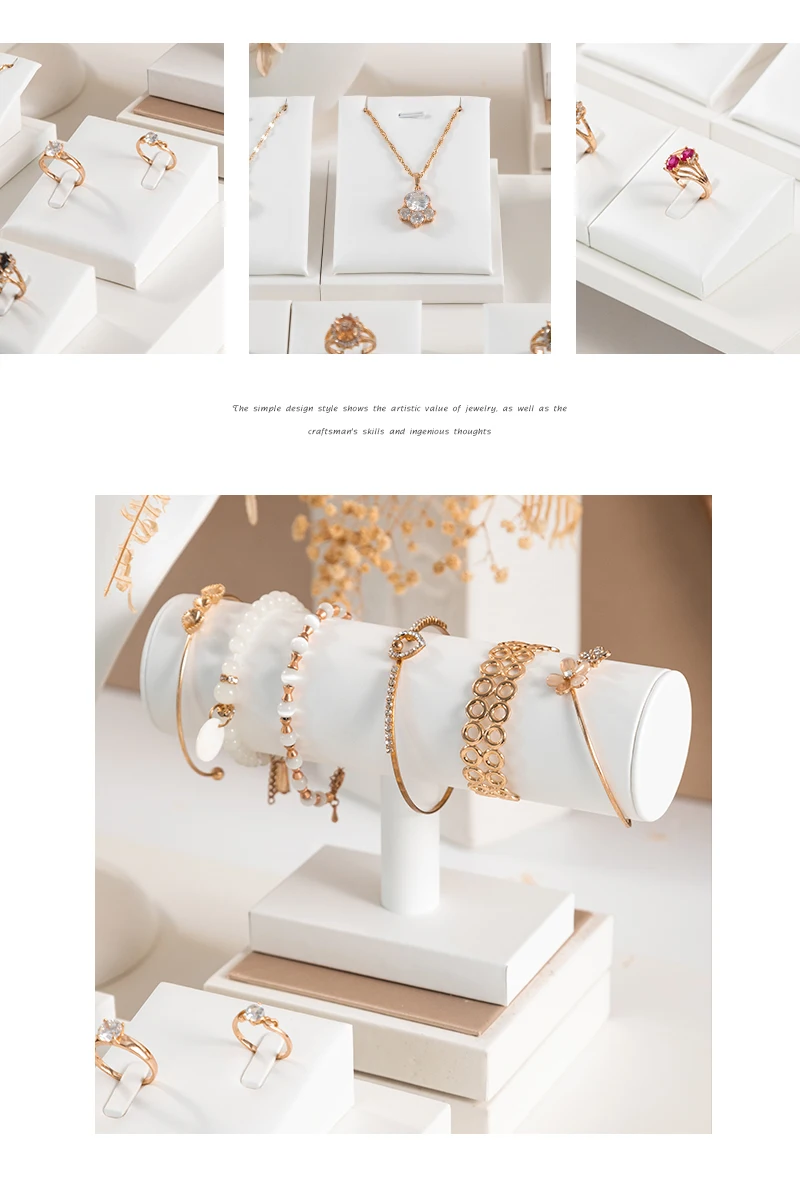 White Leather Ring Earrings Holder Jewelry Store Counter Display Showcase Pendant Necklace Chain Presenting Bust Stand Organizer