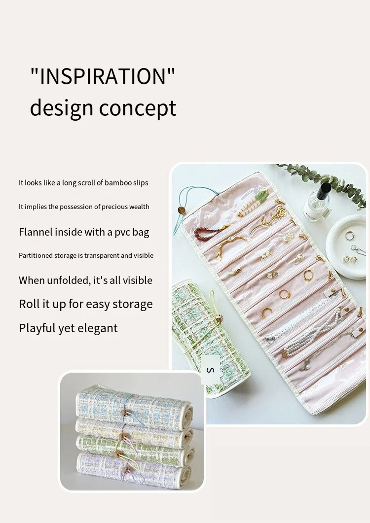 Jewelry Case Roll Bag Portable Velvet Travel Organizer for Necklace Chain Bracelet Jewellery Display Holder Travel Zipper Bag