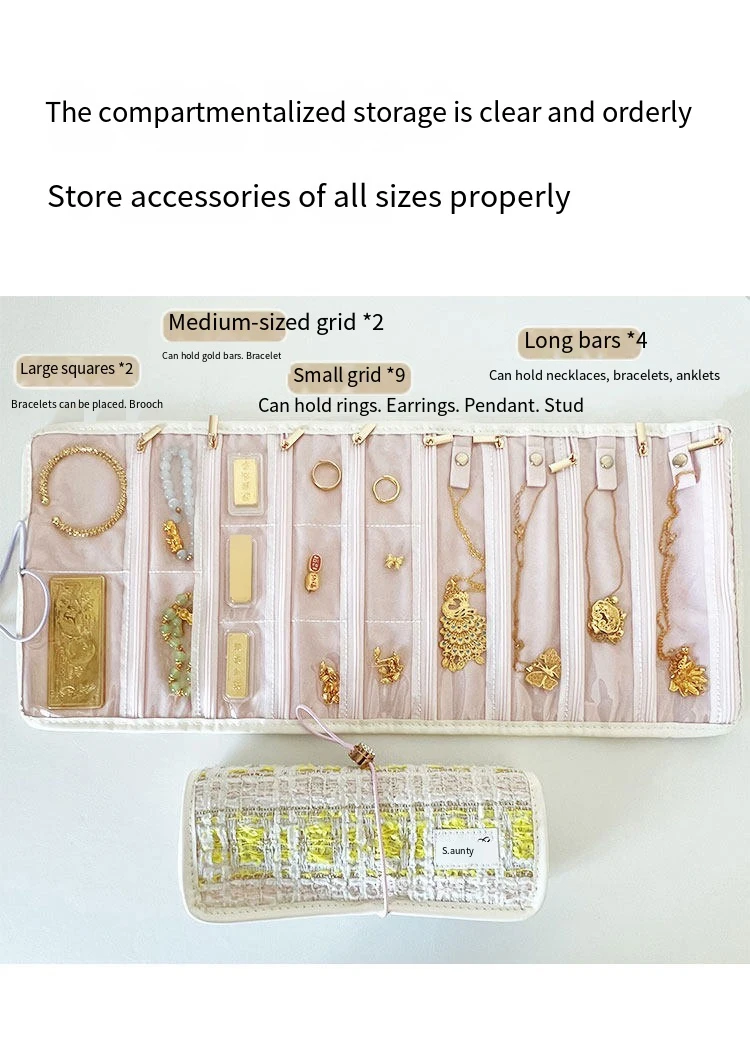 Jewelry Case Roll Bag Portable Velvet Travel Organizer for Necklace Chain Bracelet Jewellery Display Holder Travel Zipper Bag