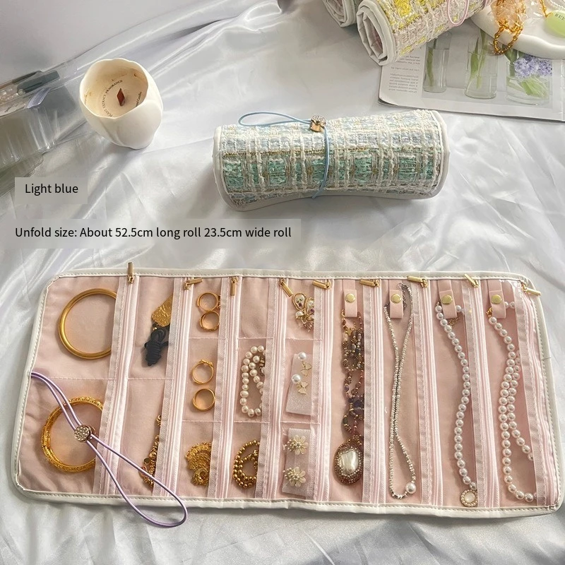 Jewelry Case Roll Bag Portable Velvet Travel Organizer for Necklace Chain Bracelet Jewellery Display Holder Travel Zipper Bag