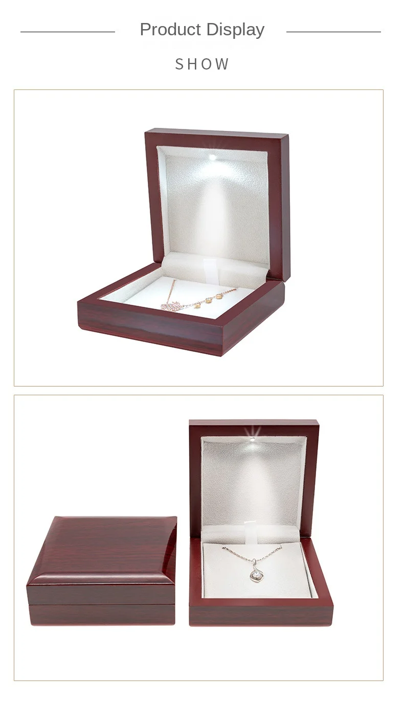 New Arrivals Wooden Wedding Ring Pendant Jewelry Box with LED Light Small Trinket Jewellery Gift Storage Display Case