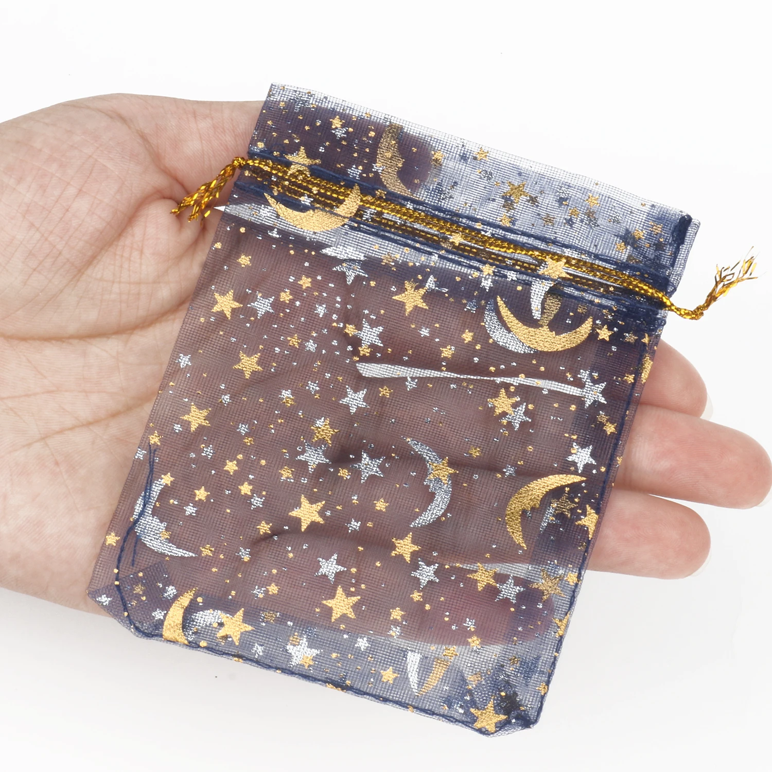 50pcs/lot Moon Star Organza Bags 17x23cm Big Christmas Drawstring Gift Bag Charm Jewelry Packaging Bags & Pouches