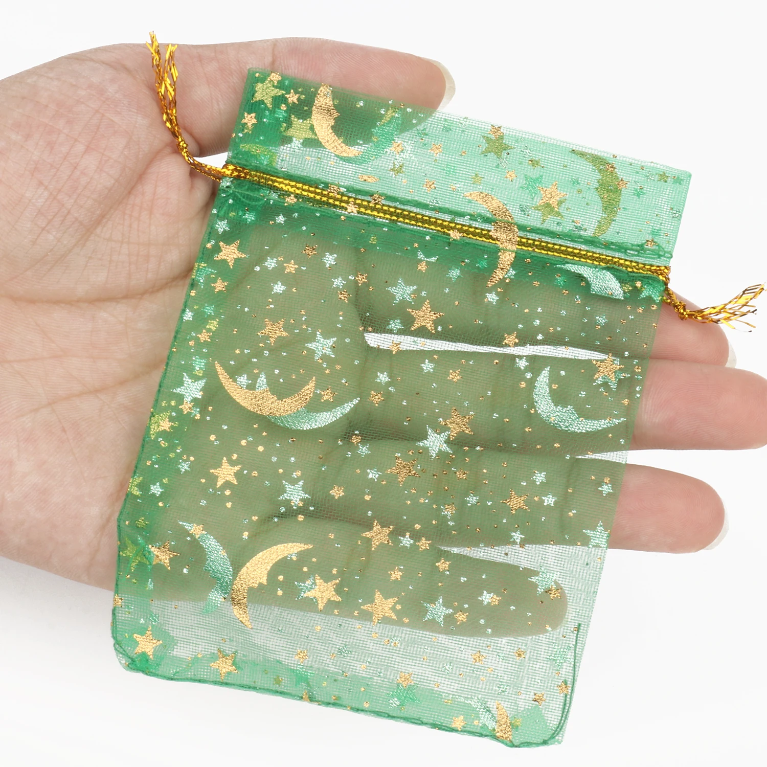 50pcs/lot Moon Star Organza Bags 17x23cm Big Christmas Drawstring Gift Bag Charm Jewelry Packaging Bags & Pouches