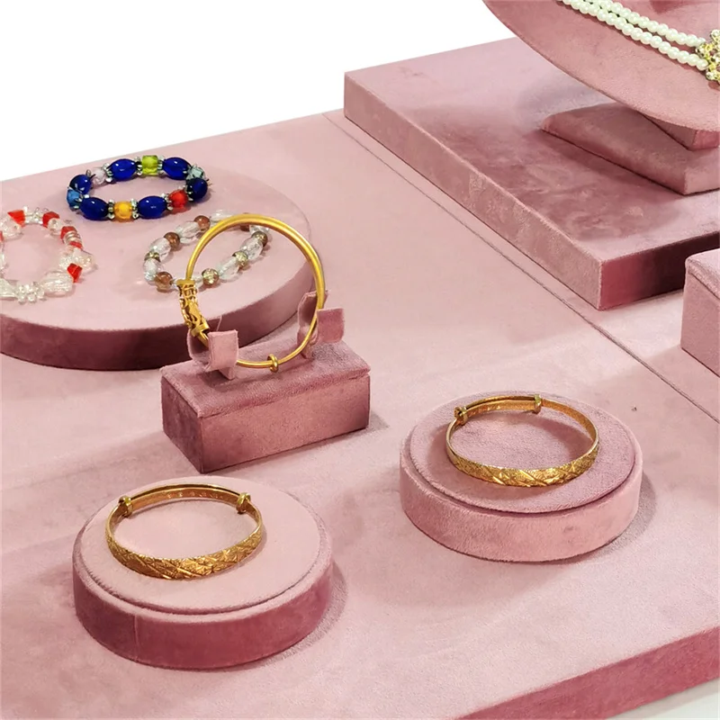 Pink Velvet Jewelry Display Stand Counter Window Necklace Earring Organizer Props Set Business Exhibition Showacase Rack