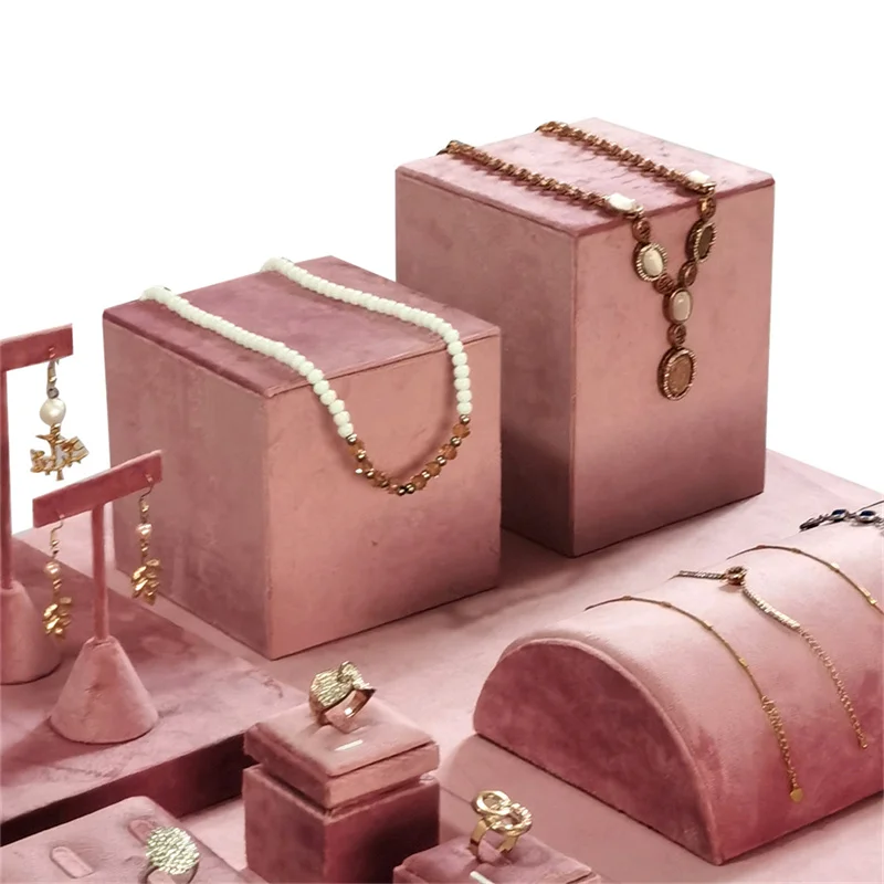 Pink Velvet Jewelry Display Stand Counter Window Necklace Earring Organizer Props Set Business Exhibition Showacase Rack