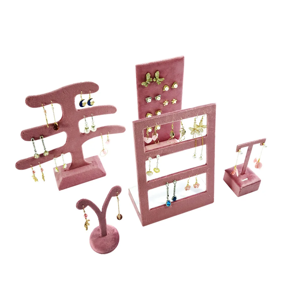 Pink Velvet Jewelry Display Stand Counter Window Necklace Earring Organizer Props Set Business Exhibition Showacase Rack