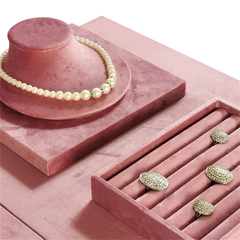 Pink Velvet Jewelry Display Stand Counter Window Necklace Earring Organizer Props Set Business Exhibition Showacase Rack