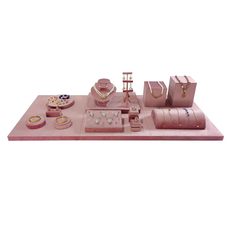 Pink Velvet Jewelry Display Stand Counter Window Necklace Earring Organizer Props Set Business Exhibition Showacase Rack