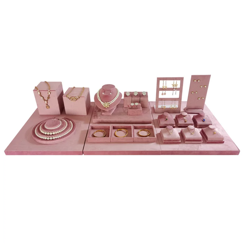 Pink Velvet Jewelry Display Stand Counter Window Necklace Earring Organizer Props Set Business Exhibition Showacase Rack