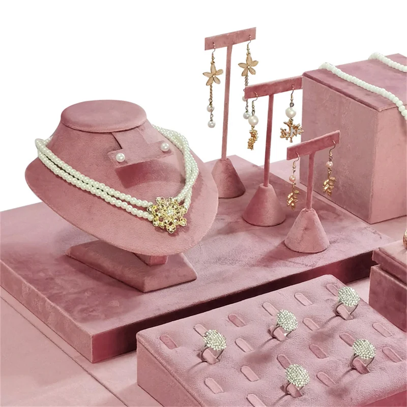 Pink Velvet Jewelry Display Stand Counter Window Necklace Earring Organizer Props Set Business Exhibition Showacase Rack