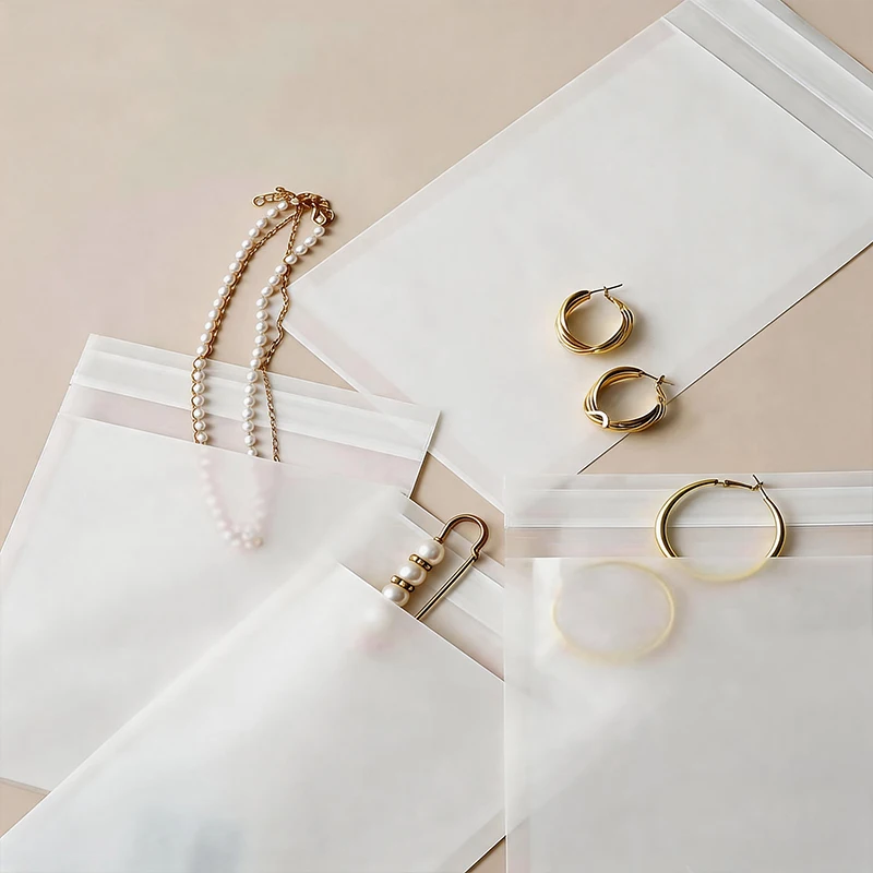 50pcs Self Adhesive Paper Bags Photocard Packaging Sleeves Semi-transparent Jewelry Storage Pouches for Rings Earrings Bracelets