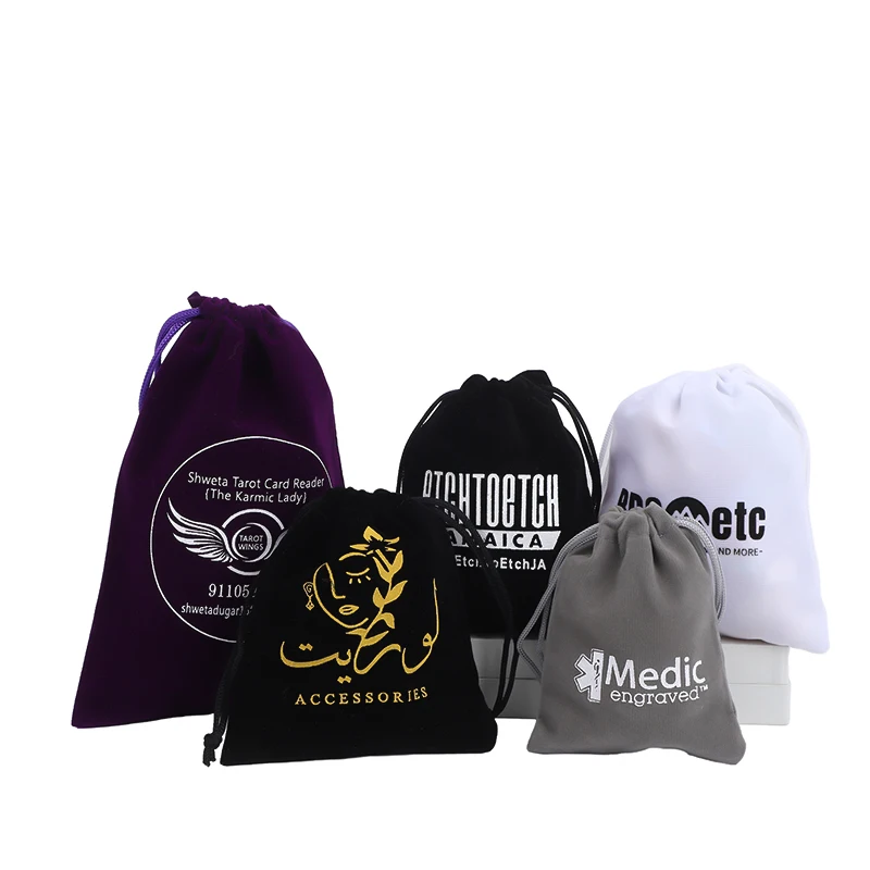 100pcs/Lot Drawstring Velvet Bags Jewellery Pouches 5x7 7x9 8x10 10x12cm Wedding Party Gift Packaging Bag Custom Logo Print