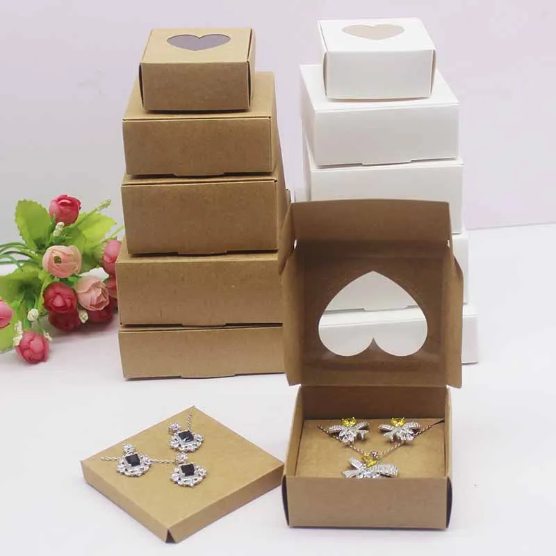 10pcs DIY Handamde Paper Jewelly Necklace Earring Packaging Box with Window Cowhide White Design Jewelry Ring Packaging Paper Bo