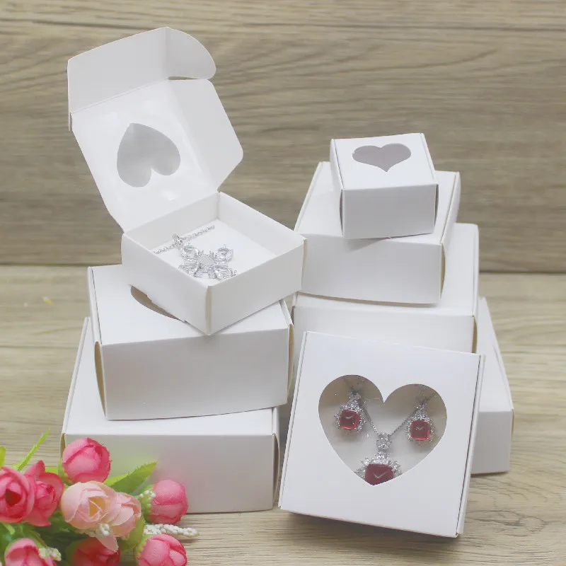 10pcs DIY Handamde Paper Jewelly Necklace Earring Packaging Box with Window Cowhide White Design Jewelry Ring Packaging Paper Bo