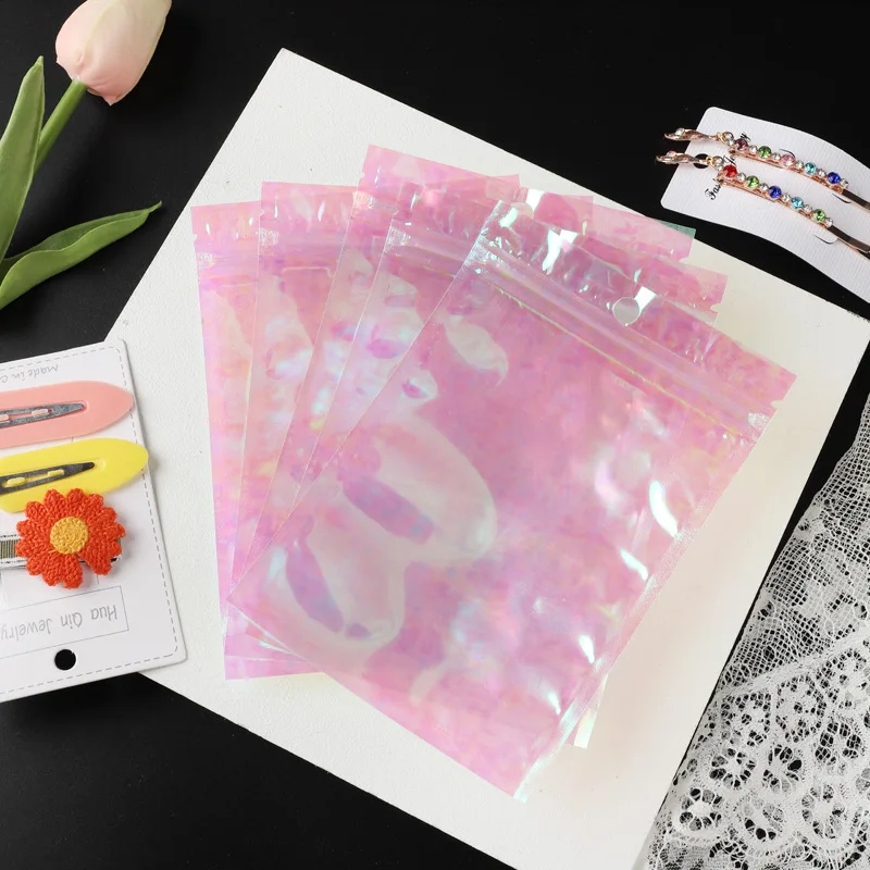 50-100pcs Holographic Rainbow Film Laser Bag Resealable Zip Lock Packaging for DIY Jewelry Retail Candy Nail Beauty Gift Pouches