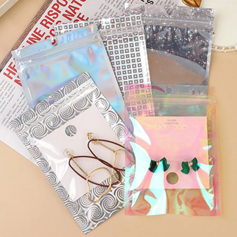 50-100pcs Holographic Rainbow Film Laser Bag Resealable Zip Lock Packaging for DIY Jewelry Retail Candy Nail Beauty Gift Pouches