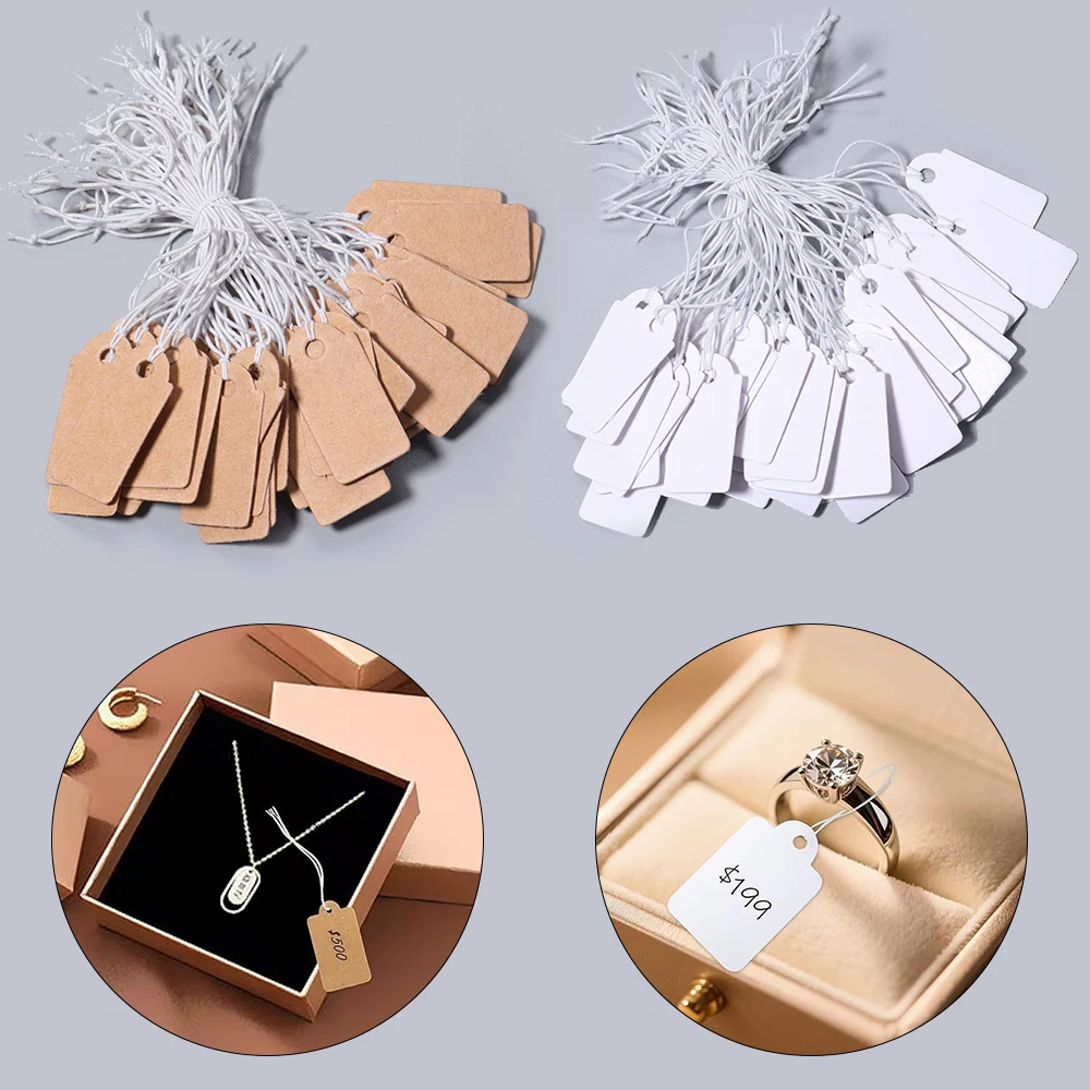 100pcs/lot Jewelry Small Tags Square Blank Tags Card Cowhide Elastic Thread Hanging Tags Price Tag Jewelry Display Marking Label
