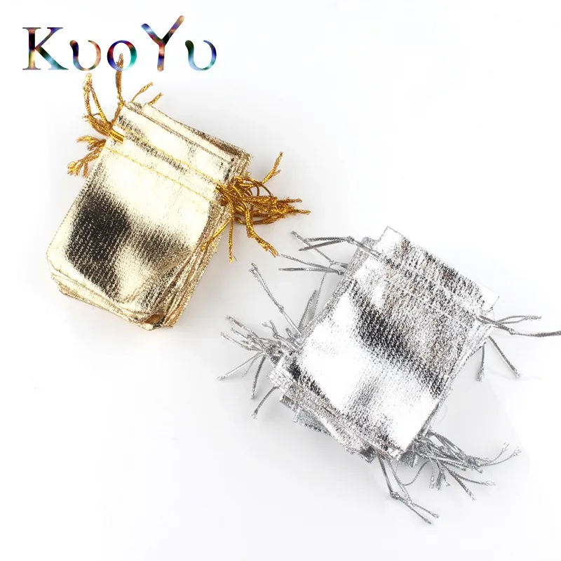50pcs/lot 7x9cm 9x12cm Adjustable Jewelry Packing Fabric Bag Silver/Gold Colors Drawstring Wedding Storage Pouches
