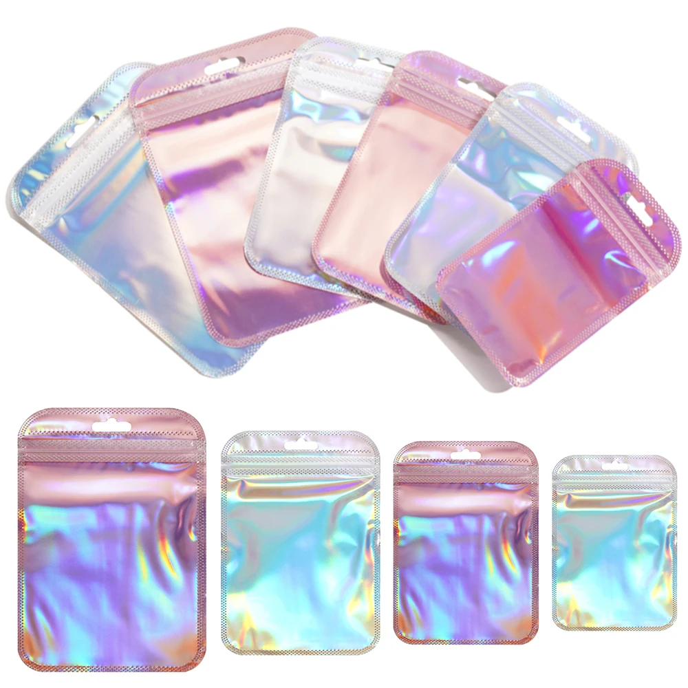 50pcs Iridescent Self Sealing Bags Colorful Laser Iridescent Resealable Ziplock Plastic Bag for Jewelry Storage Display