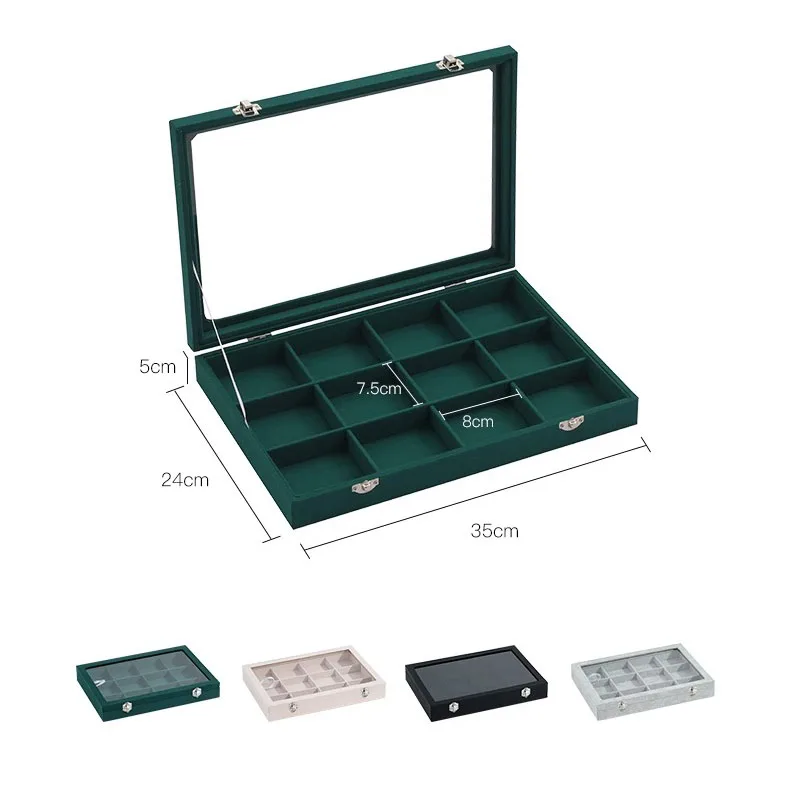 Ice Velvet Clear Lid 12 Grid Jewelry Organizer Box Tray Display Case Storage Bracelets Rings Earrings