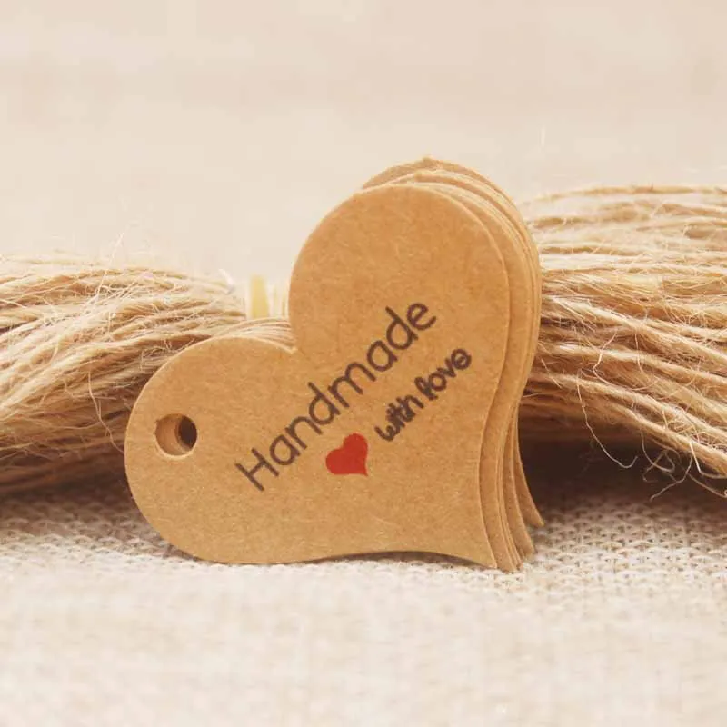 200pcs New Design Kraft/White Handmade Tag, Paper vintage Red Heart Handmade Gift Tag Products Swing Handmade with Love Hang Tag