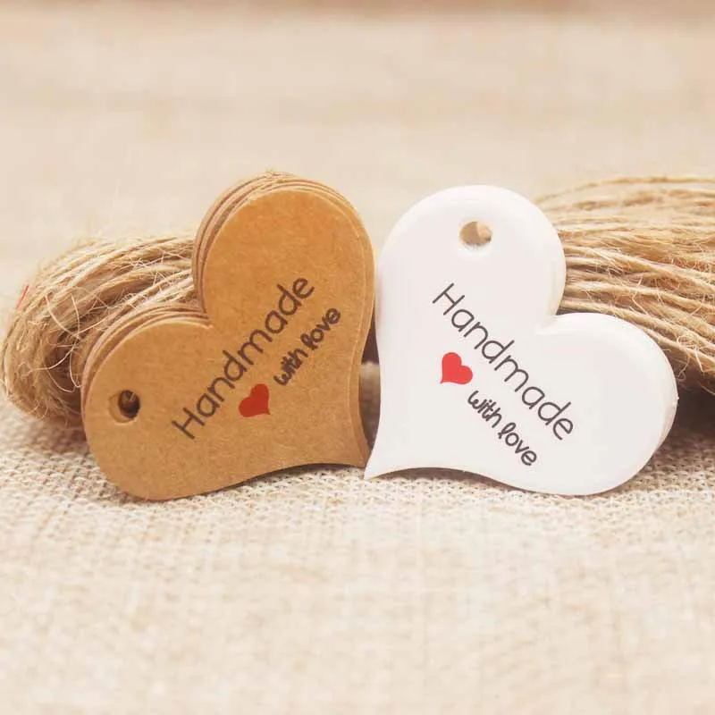200pcs New Design Kraft/White Handmade Tag, Paper vintage Red Heart Handmade Gift Tag Products Swing Handmade with Love Hang Tag
